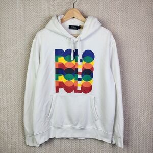 Polo Ralph Lauren White Hoodie With Multicolor Polo Graphic Fleece Mens L